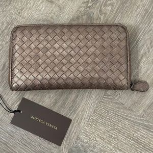 Bottega Veneta Intrecciato Zip Around Long Wallet Brown Metallic Leather